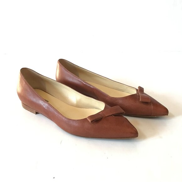 Sarah Flint Natalie Flats Shoes Womens 38 8 Brown Saddle Vacchetta Leather Bow - Picture 1 of 11